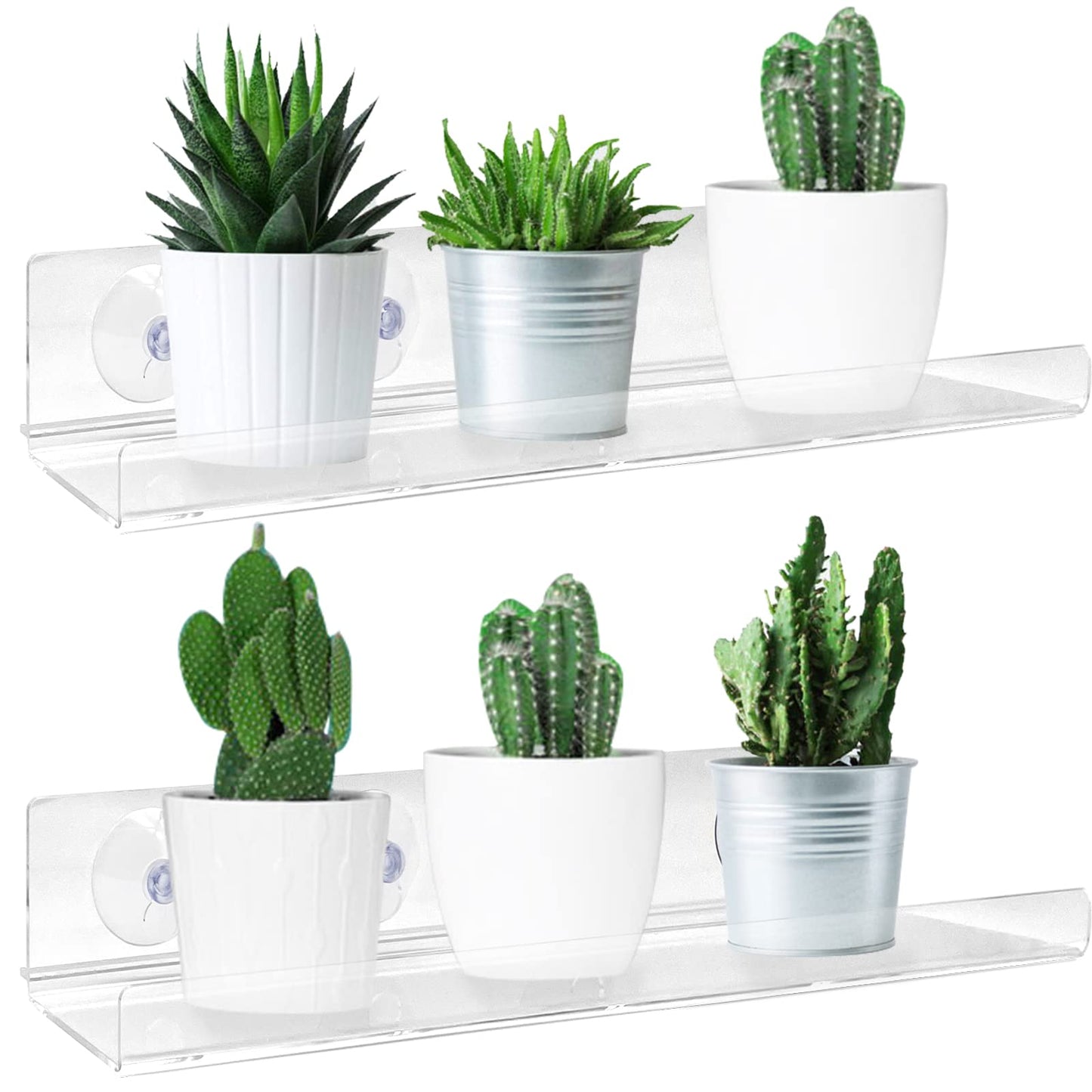 Pusonor 2 Pack Suction Cup Window Shelf for Plants 12 Inches, Clear Acrylic Indoor Plant Shelf Window Ledge Garden Sill Extender for Micro Greens, Seed Starter Pots, Herb Planters