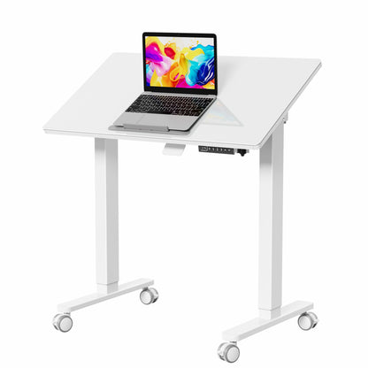Liftsync 35inch Glass Standing Desk，90° Tiltable Mobile Rising Desk Height Adjustable，Whole Piece Rolling Drafting/DrawingTable with Wheels，Foldable Small Laptop Art Desk，White