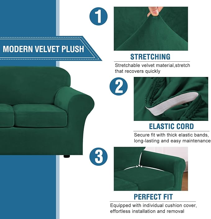 H.VERSAILTEX Real Velvet Plush 3 Piece Stretch Sofa Covers Couch Covers