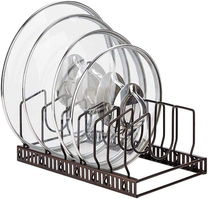 Toplife Pots and Pans Organizer Rack for Cabinet and Countertop, 10+ Pot Lids, Bakeware and Cookware Organizer Rack Holder with 10 Adjustable Compartments - Brown