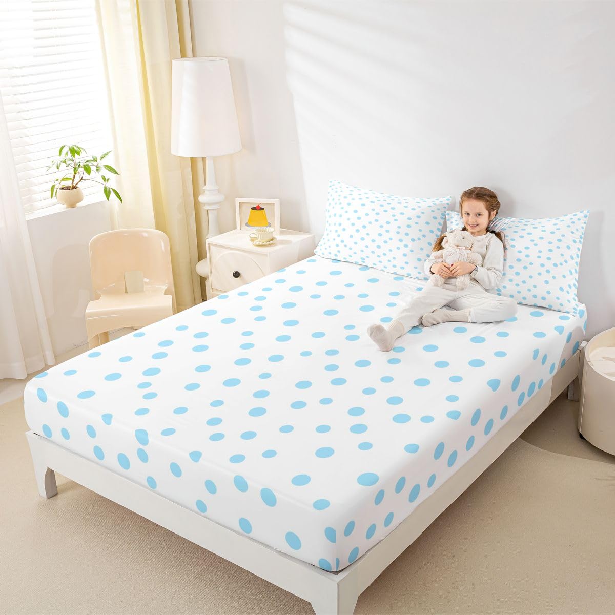 jejeloiu Polka Dots Fitted Sheet Full Size for Kids Boys Girls White Blue Bed Sheets Set 16" Deep Pocket Soft Breathable Circles Geometric Bedding with 2 Pillowcases Modern Simple Room Decor
