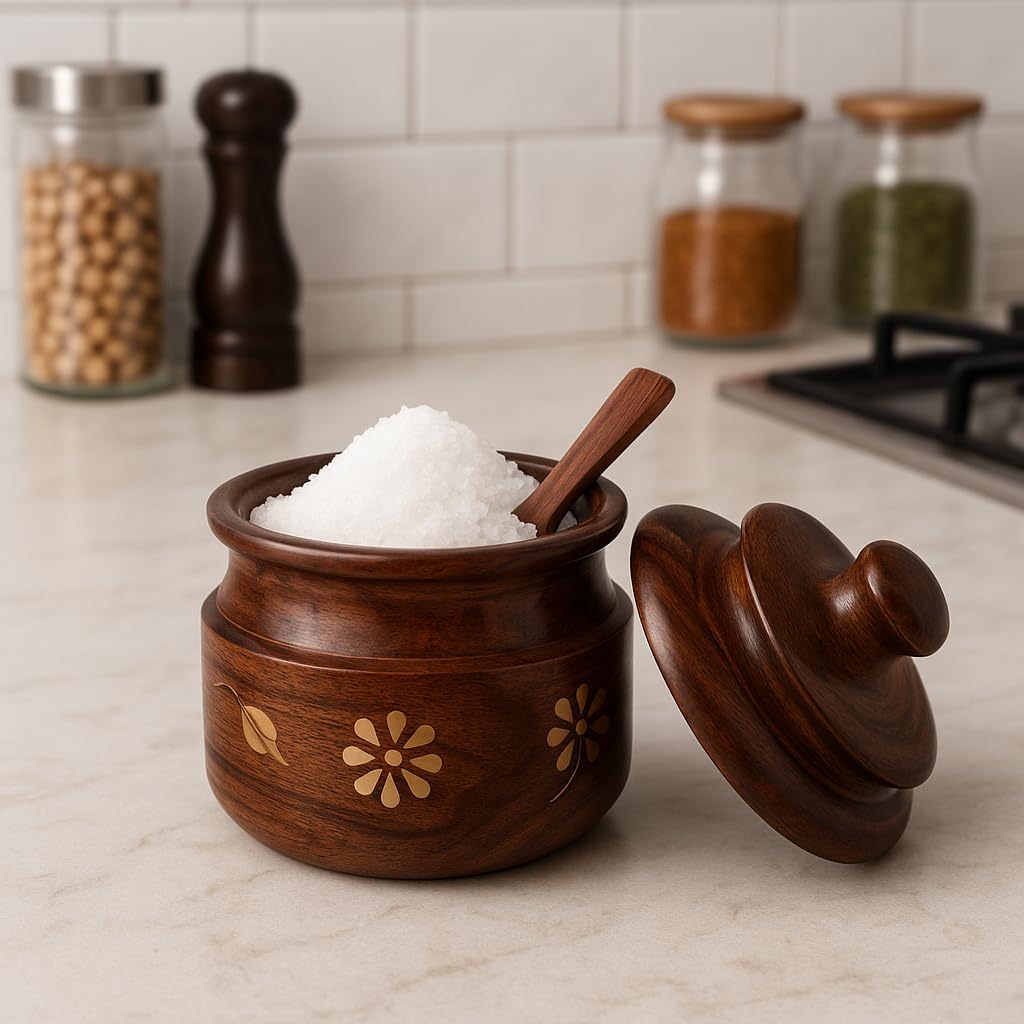 AMERIZONE Handcrafted Sheesham Wood Spice Jar with Spoon & Lid | Decorative Wooden Sugar/Spice Container with Brass Inlay | Traditional Kitchen Storage Pot
