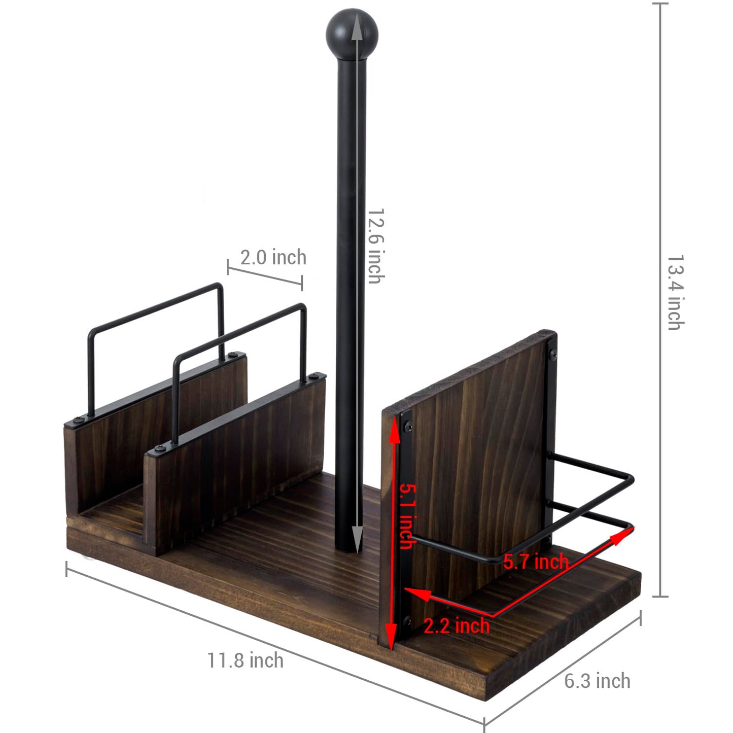 MyGift Rustic Burnt Solid Wood and Industrial Matte Black Metal Dining Combination Caddy with Paper Towel Roll Dispenser Stand, Napkin Holder, and Spice Rack