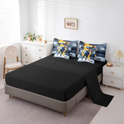 Erosebridal Teens Ice Hockey Bed in A Bag 7 Piece Puck Comforter Set Twin Size Sports Games Bedding Sets for Kids Teens Boys Girls Winter Match Grunge Sheet Set