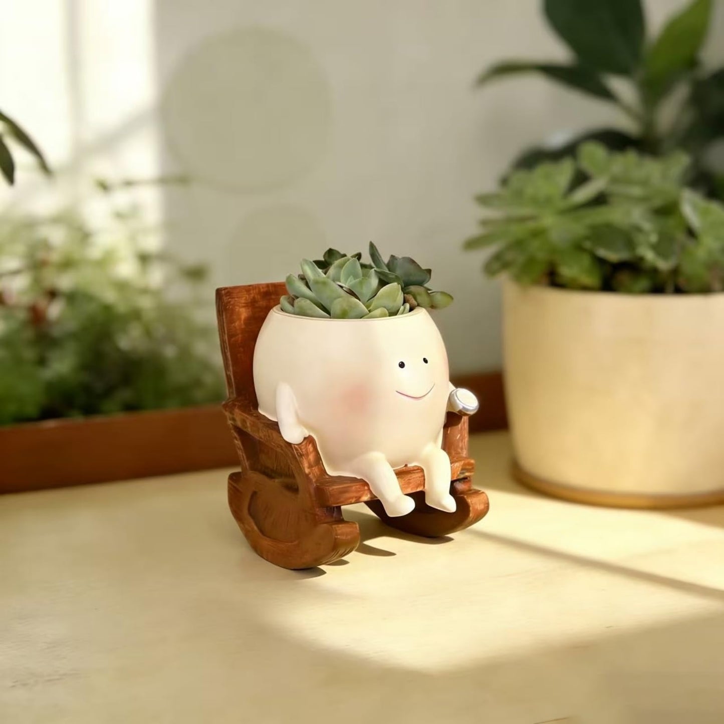 NMOHYDEU Smiley Face Planter Pot, Cute Rocking Chair Flower Pot, Small Resin Head Planters for Indoor Plants, Succulent Planter for Home Decor, Plant Lovers Gift for Birthday Christmas