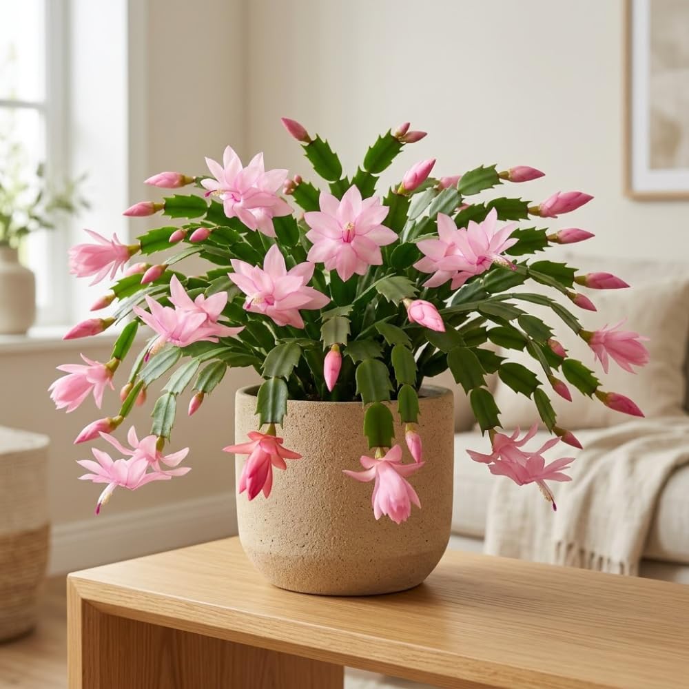 2 Pink Christmas Cactus Live Plant, 5-6 Inch Tall, Easy to Care Indoor Winter Houseplant for Office Desk and Patio Decor, Vigorous Live Holiday Plant