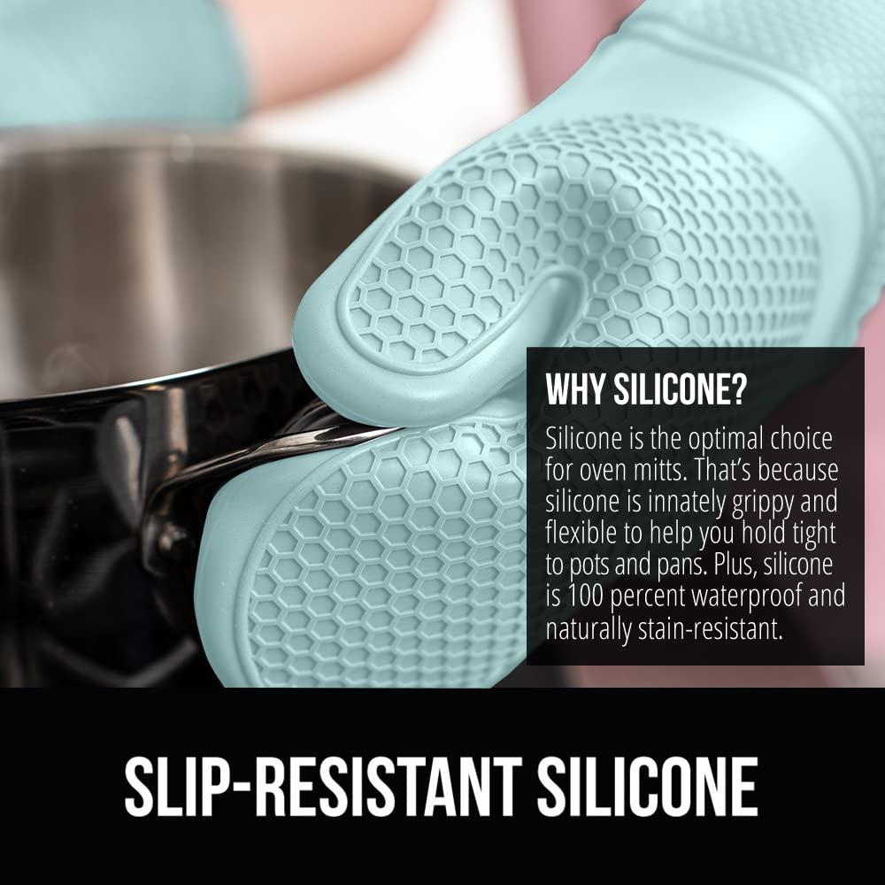 GORILLA GRIP BPA-Free Soft Silicone Oven Mitts and Pot Holders Sets, Heat Resistant Waterproof Cooking Gloves, Thick Cotton Lining, Flexible Gripping for Baking Grilling, Kitchen Trivets, Turquoise