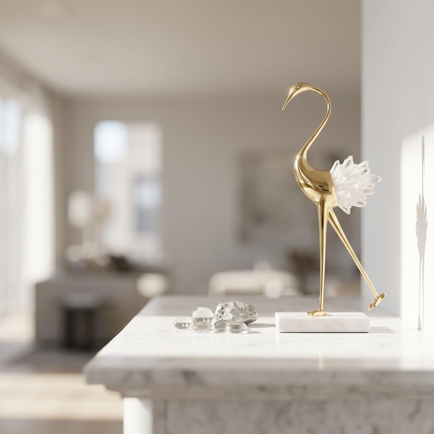 suruim Elegant Gold Crane Bird Statues with Crystal Tail Accents, Decorative Brass Figurines for Home Decor (White B)