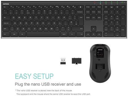Arteck 2.4G Wireless Keyboard and Mouse Combo Stainless Steel Ultra Slim Full Size Keyboard and Ergonomic Mice for Computer Desktop PC Laptop and Windows 10/8/7 Build in Rechargeable Battery