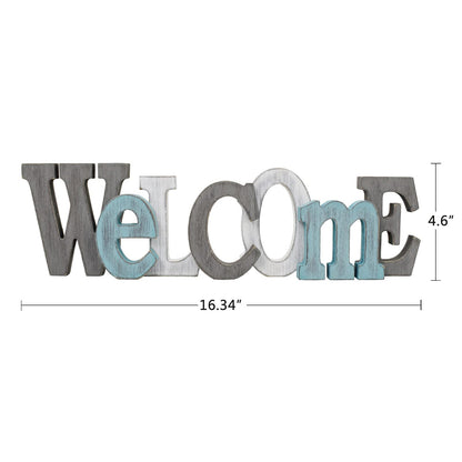 Morning View Wooden Welcome Sign Decorative Hanging Word Signs Table Top Cutout Block Letters Standing Welcome Letter Sign Wall Decor for Living Room Home Decor Shelf Mantel (Aqua)