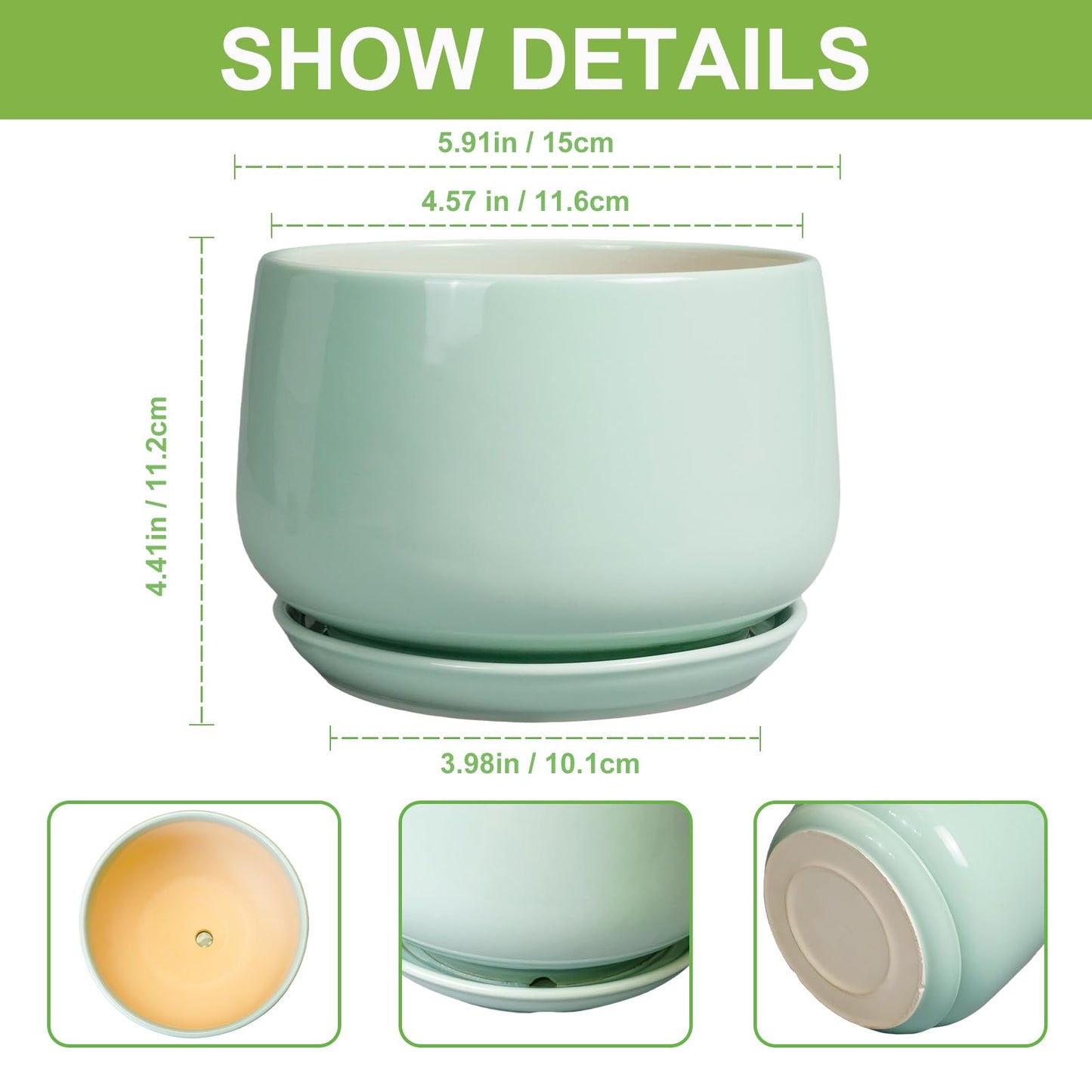 G EPGardening Ceramic Plant Pots - 6 Inch Pot for Plants, Ceramic Planter with Drainage and Saucer, Flower Indoor Outdoor Planter, Modern Bathroom Decor, Birthday Gifts, Green