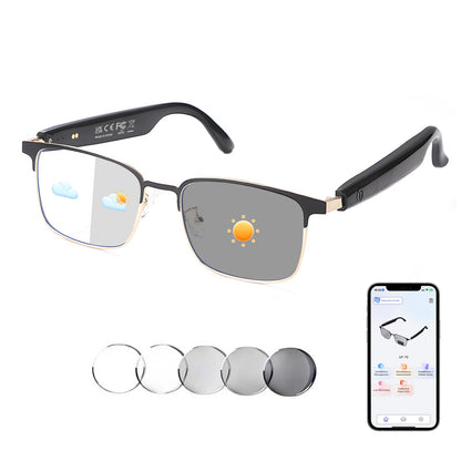 Bluetooth Audio Smart Glasses, Blue Light Glasses for Women Men, Remote Shooting, Open Ear Sound Mic & Speakers, Magnetic Charging, Color-Changing Polarized Sunglasses Lenses, Voice Assistant（GS06S)