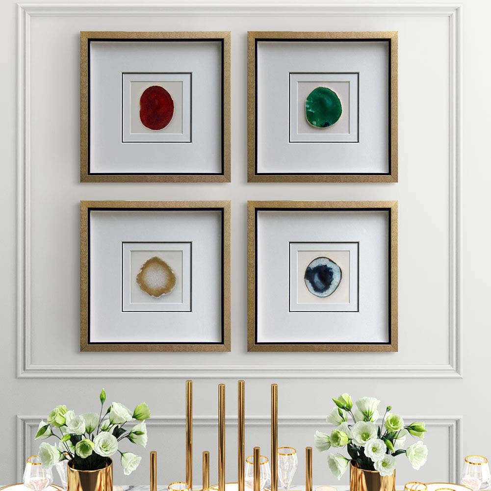ARTECORS Handmade 40x40cm Gold Edge Agate Stone Wall Art with Shadow Box Framed Front Glass for Modern Living Room Bedroom Home Decoration