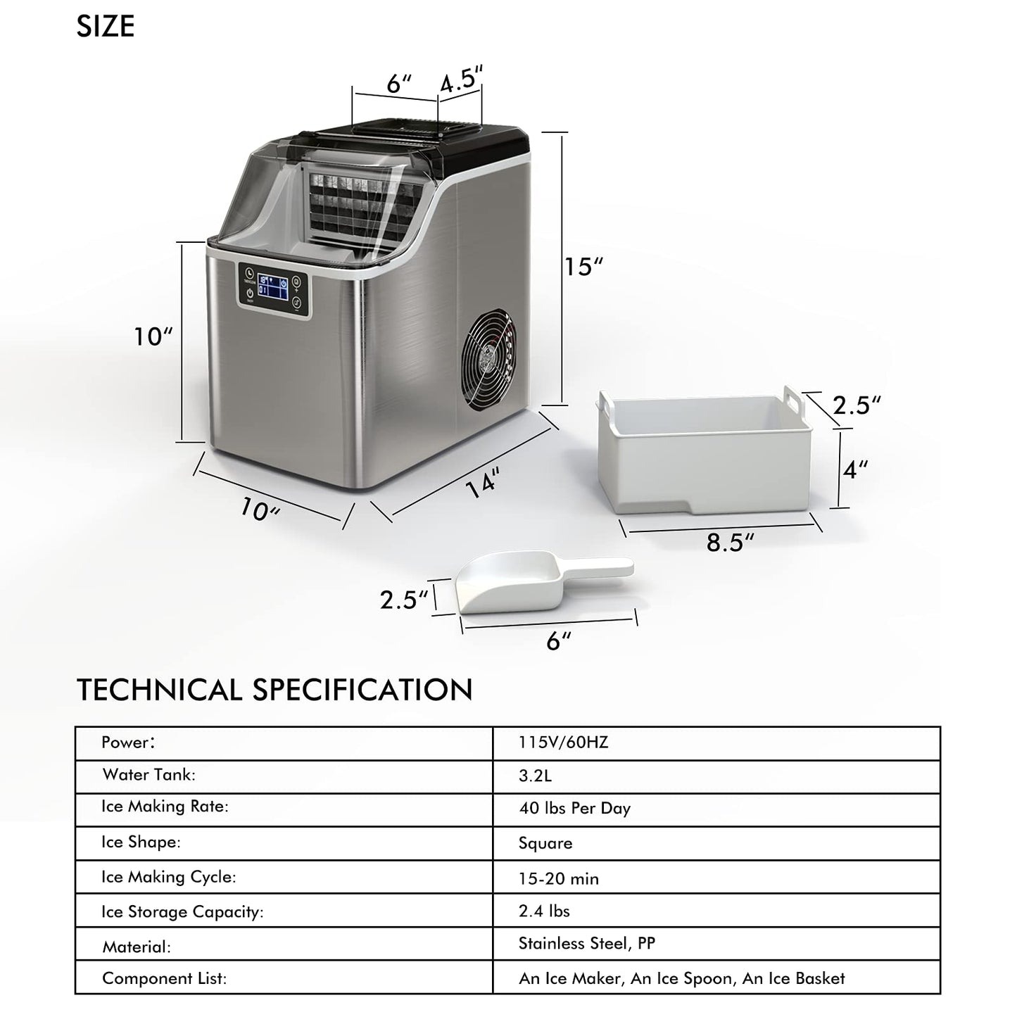 COSTWAY Countertop Ice Maker, 40LBS/24H Portable Compact Ice Machine with Top Inlet Hole, Auto Self-Cleaning Function, 24 pcs Ice Cube in 15 Mins, Ice Scoop and Basket Perfect for Home, Party, Office