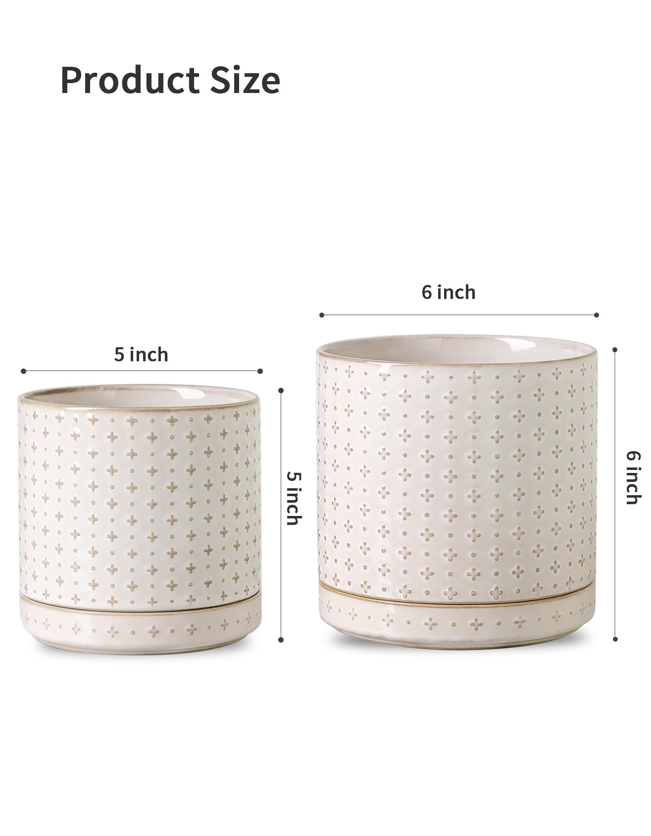 Plant Pots, 5+6 inch Planters Set of 2, Ceramic Pot for Indoor Plants with Drainage Hole and Saucer, Small Flower Pot for Succulent, White