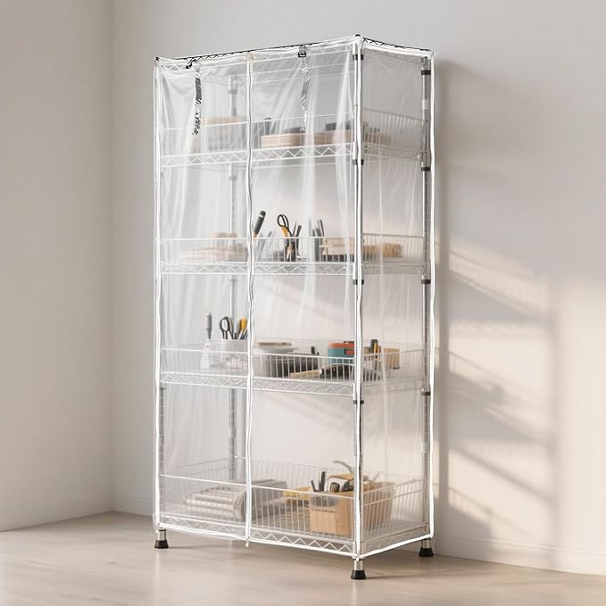 Waterproof Shelf Cover,Durable Dustproof Storage Wire Rack Covers,Outdoor Shelving Covers for Wire Shelves with Zipper 48''x20''x72'',Clear,Cover Only