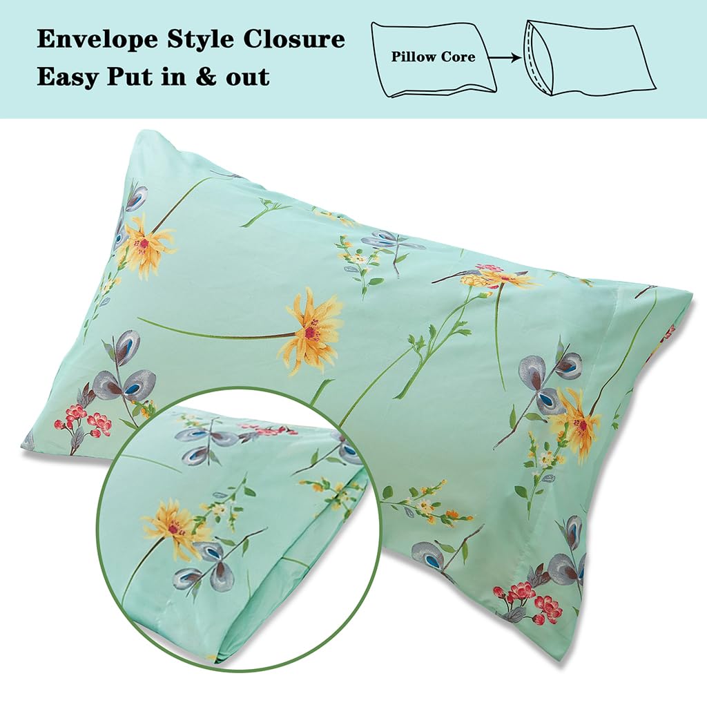JSD Green Floral Printed Sheet Set Full Size, 4 Piece Soft Botanical Microfiber Sheets Extra Deep Pocket