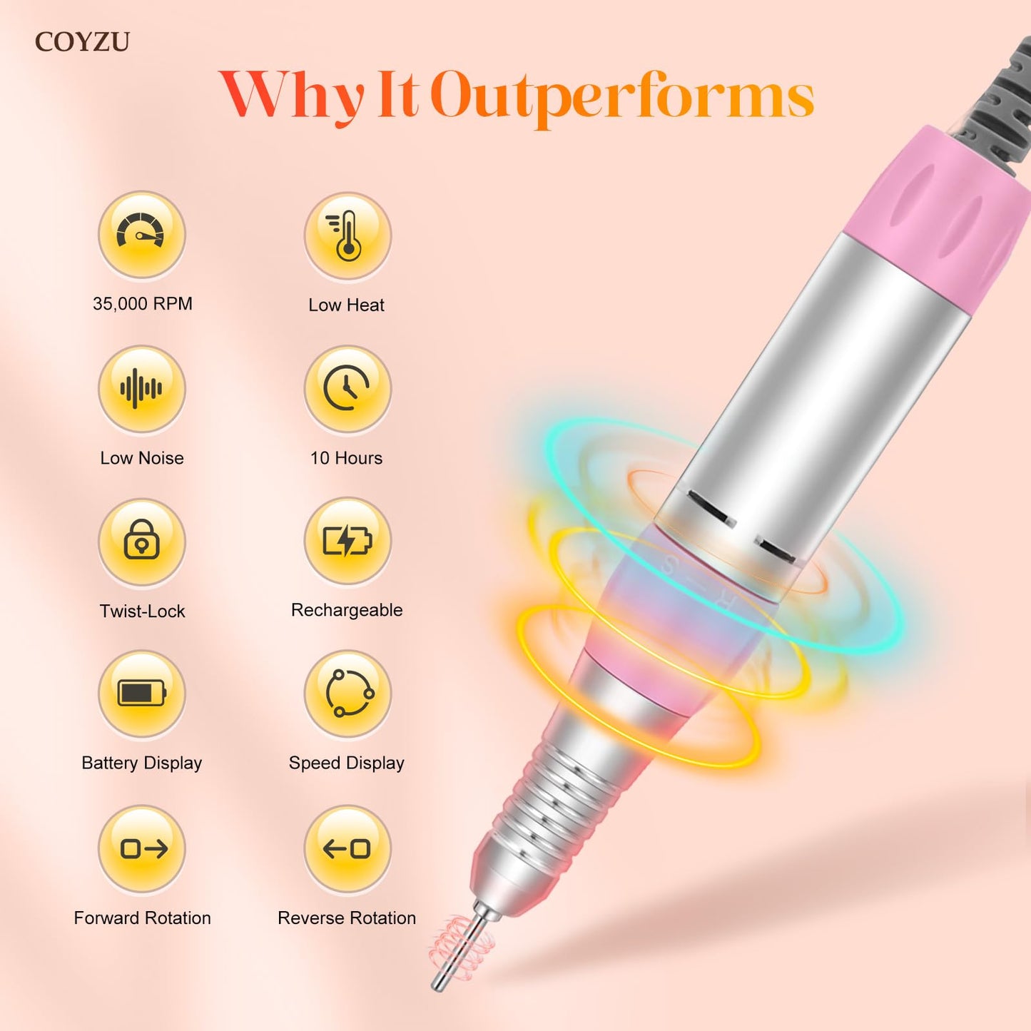 Professional Nail Drill Electric File:COYZU 35000RPM Portable Cordless Nail Drill Machine with Bits, Rechargeable E File for Acrylic & Gel Nails, Manicure & Pedicure Tech Tool for Home Salon, Pink