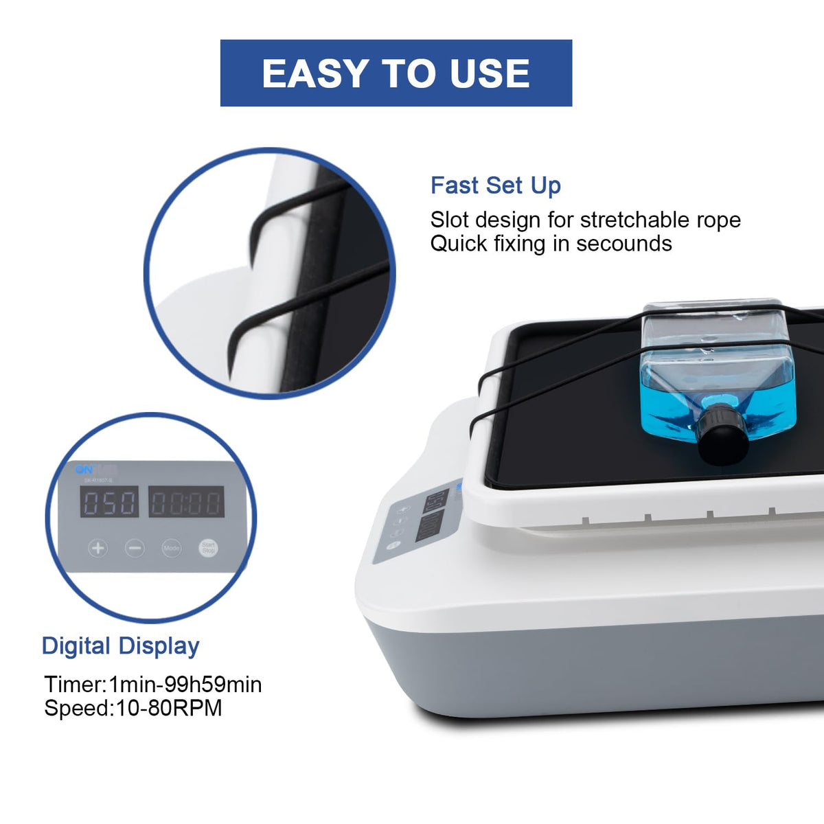 ONiLAB Led Digital Rocking Shaker Adjustable speed 10-80RPM, Rocking Rotator Shaker with continuous mode or timer mode 1min-99h59min, Capacity 2KGS, Digital Display speed and time, Labs and Classrooms
