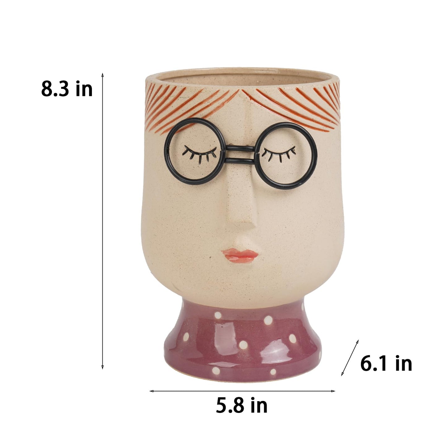 DiliComing Large Face-Planter for Indoor Plants - 8.3 Inch Porcelain Vase, Succulent Pot 5.8 x 6.1 x 8.3 Inches (No Drainage Hole)