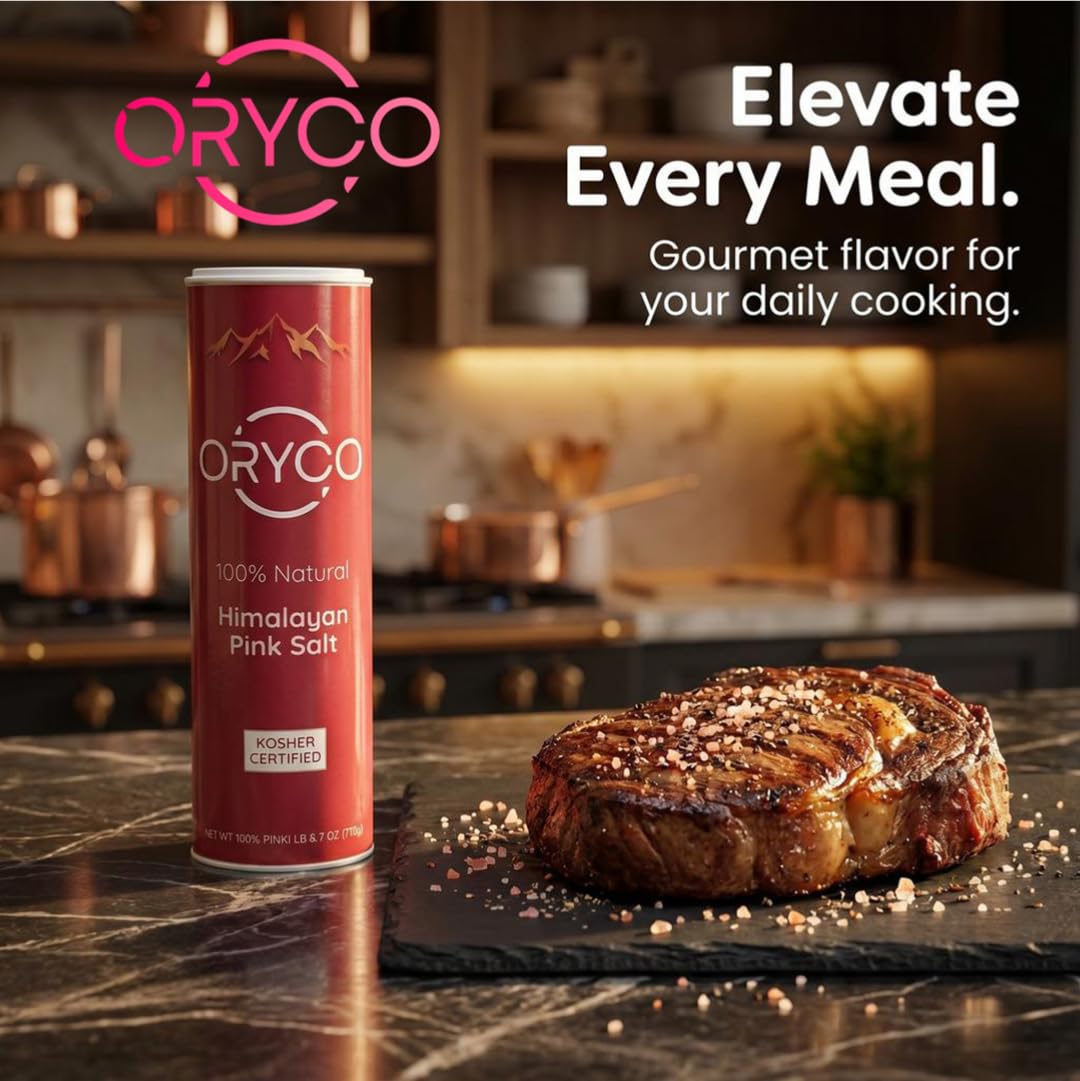 Oryco Himalayan Pink Salt Fine Grain Shaker (24.7 oz) 700g – 100% Natural, Kosher, Non-GMO, Mineral Salt, Easy Pour Shaker for Cooking, Baking, Table Seasoning, Popcorn & Everyday Kitchen Use