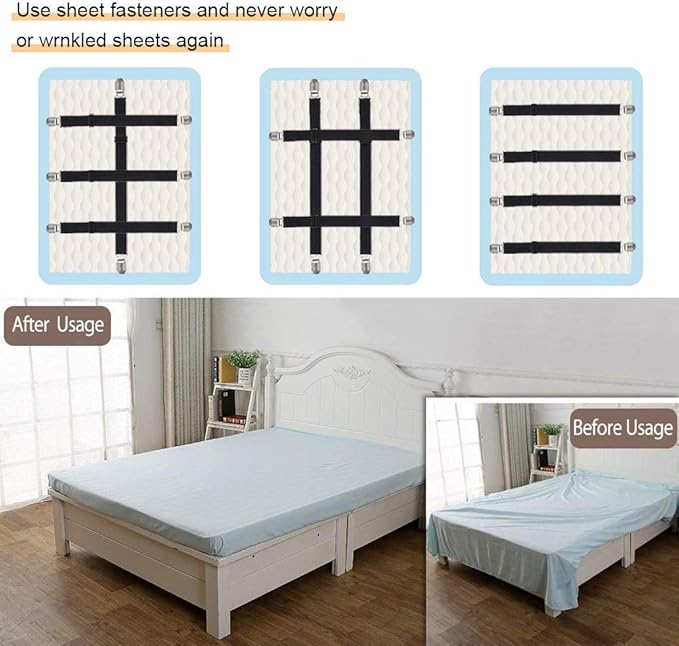 4Pcs Adjustable Bed Sheet Straps Clips, Elastic Mattress Sheet Fasteners Holder