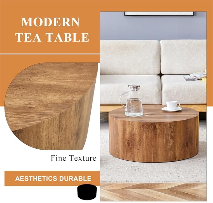 Round Coffee Table, 23.6" Modern Wood Drum Coffee Table, Round Accent Center