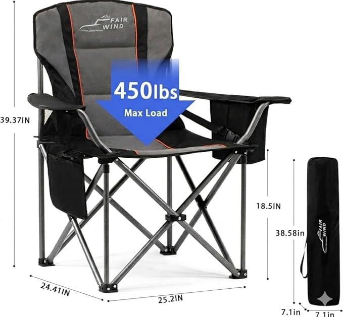 FAIR WIND Heavy Duty Camping Chair, Oversized Padded Folding Chair for Big and Tall (450lbs), Extra Wide Seat with Integrated Cooler & Storage Pocket, Adjustable Lumbar Support for Outdoor