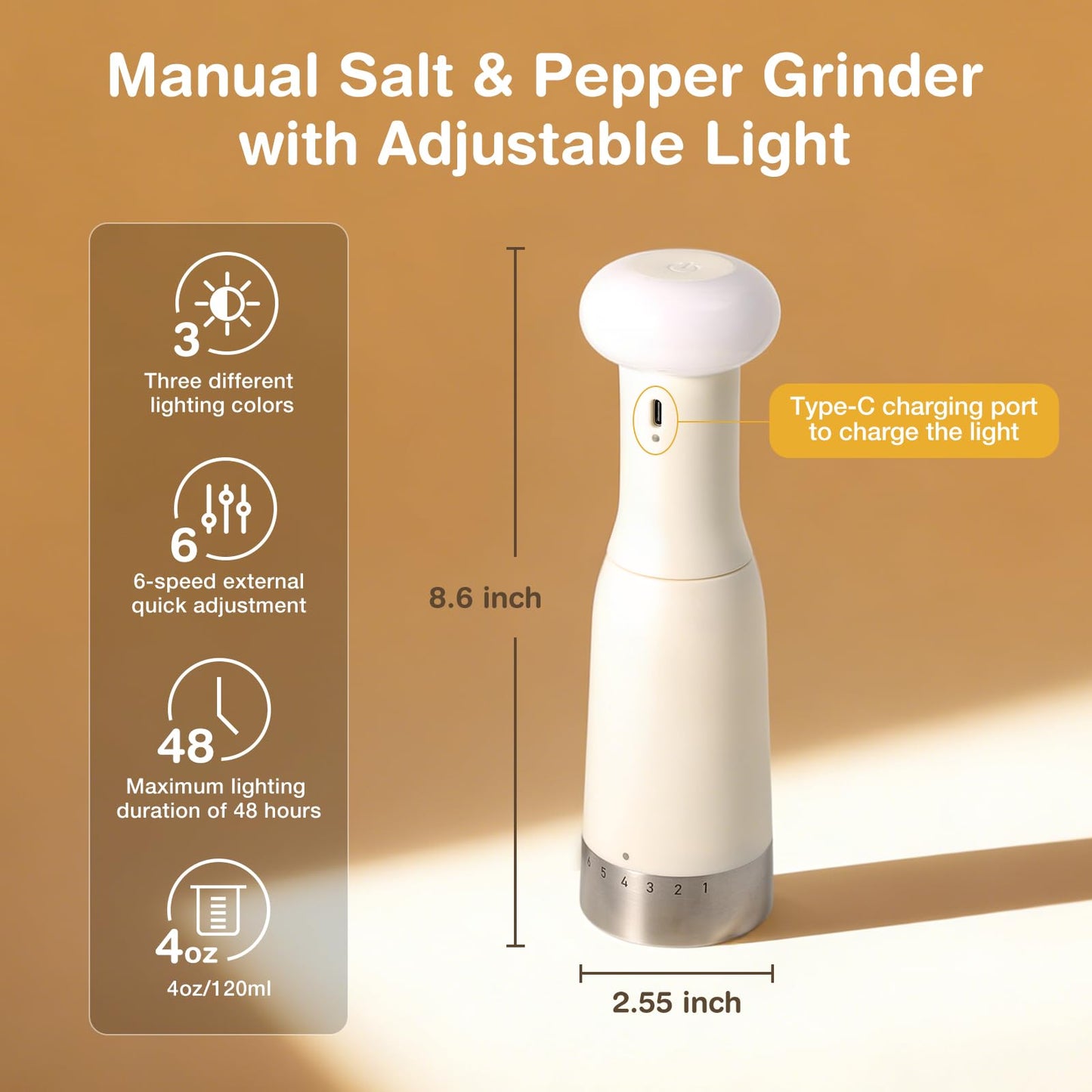 Vucchini Manual Pepper Grinder with Ambient Light 6-level Setting External Adjustable Coarseness Ceramic Salt Grinder Spice Mill for Table,Kitchen,Restaurant,Party,Candlelight Dinner