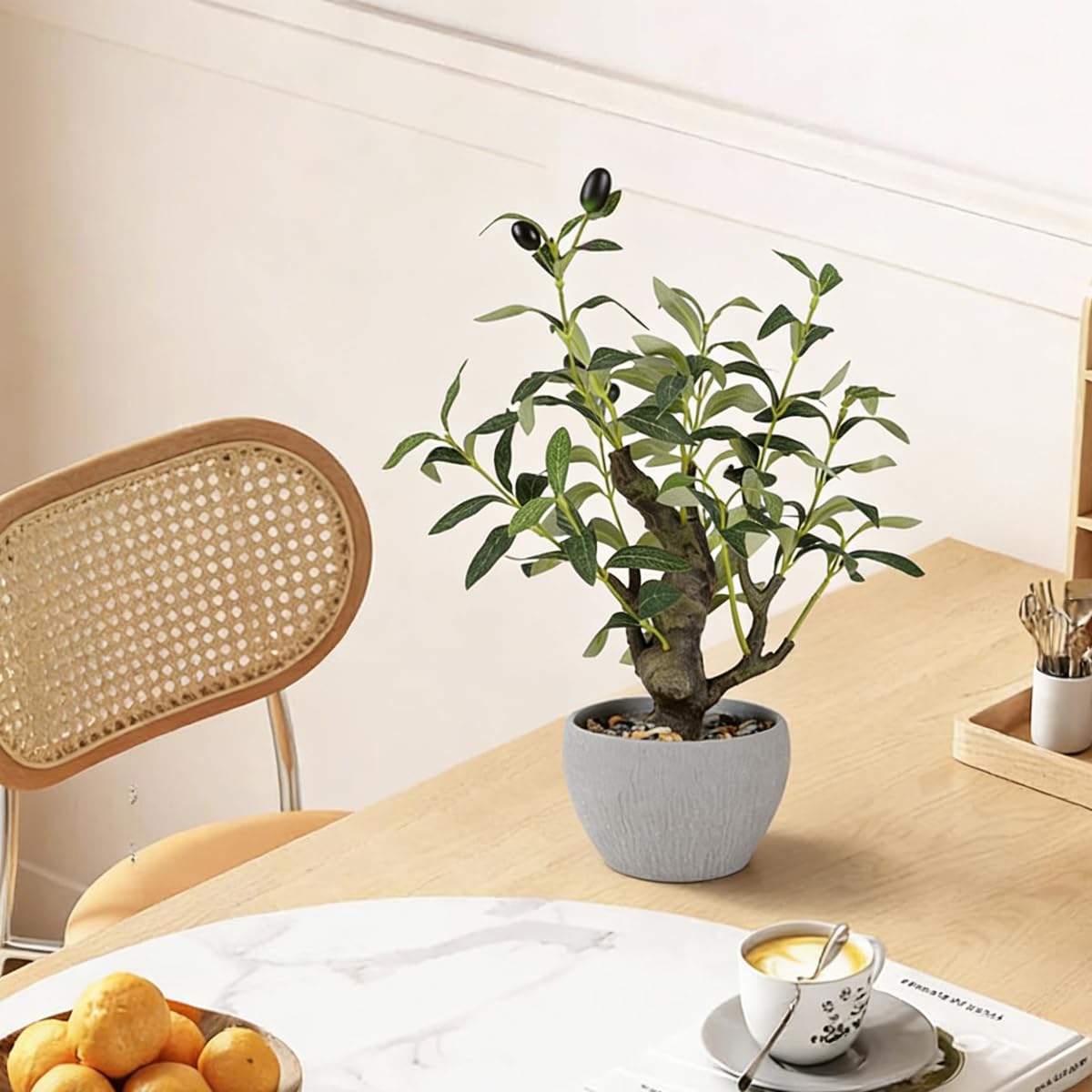 KAIRNE Artificial Olive Tree Potted,15.7” Tall Fake Green Plants,Realistic Leaves Decorative Table Decor,Lifelike Branches and Fruits Planter,Rustic Design Faux Plants for Home Office Desk Decor