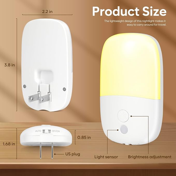 LED Night Light Plug into Wall, 4 Pack Dusk to Dawn Sensor Nightlight with Retractable Plug & 3 Adjustable Brightness, Dimmable 3000K Warm Lights for Adults Kids Bedroom Stair Hallway Kitchen