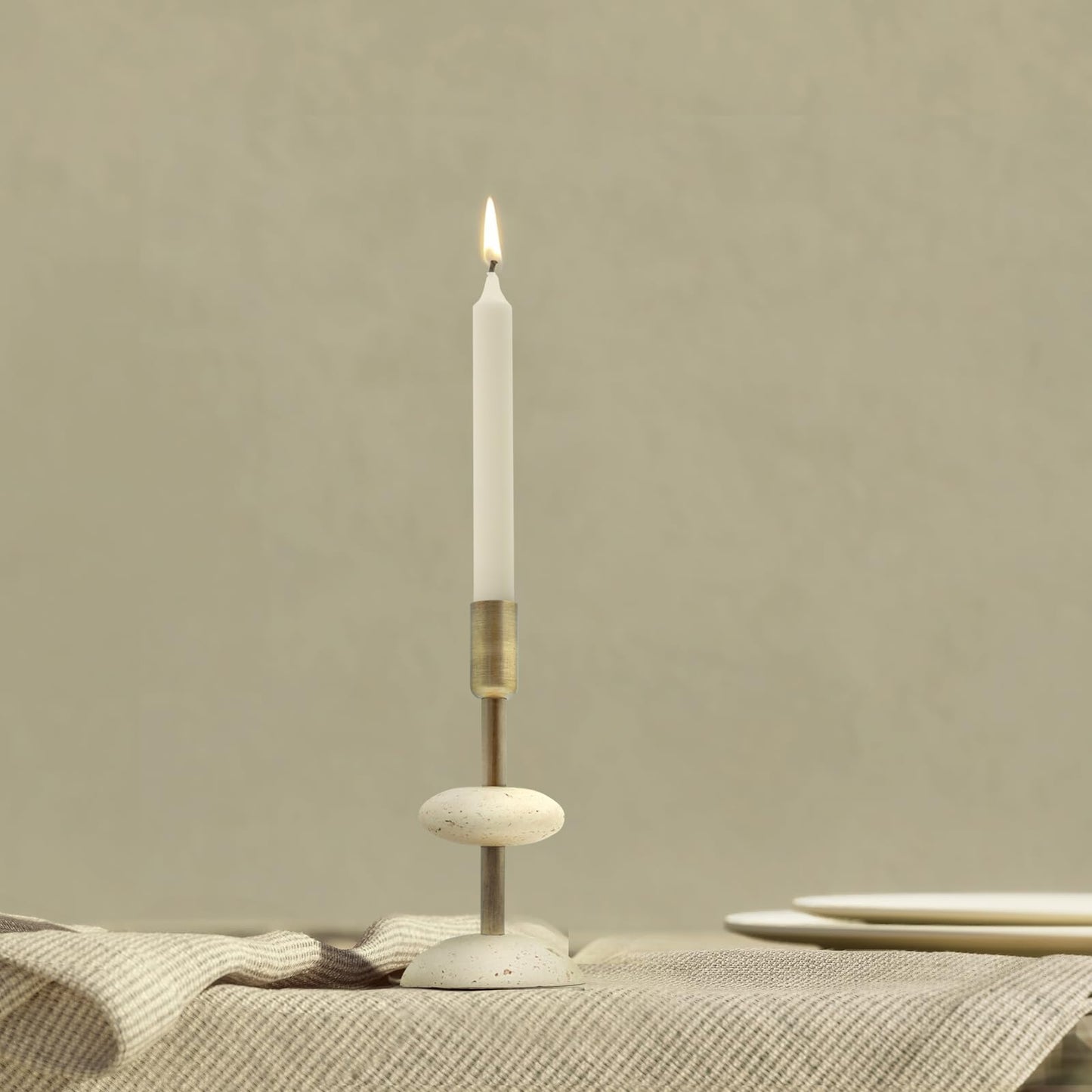 NEXOTIQUE Travertine Brass Candlestick Holders, Marble Taper Candle Holder for Dining Table Décor, Decorative Centerpiece Candle Stick Holders for Mantle Décor Wedding Housewarming Gift 7.7''