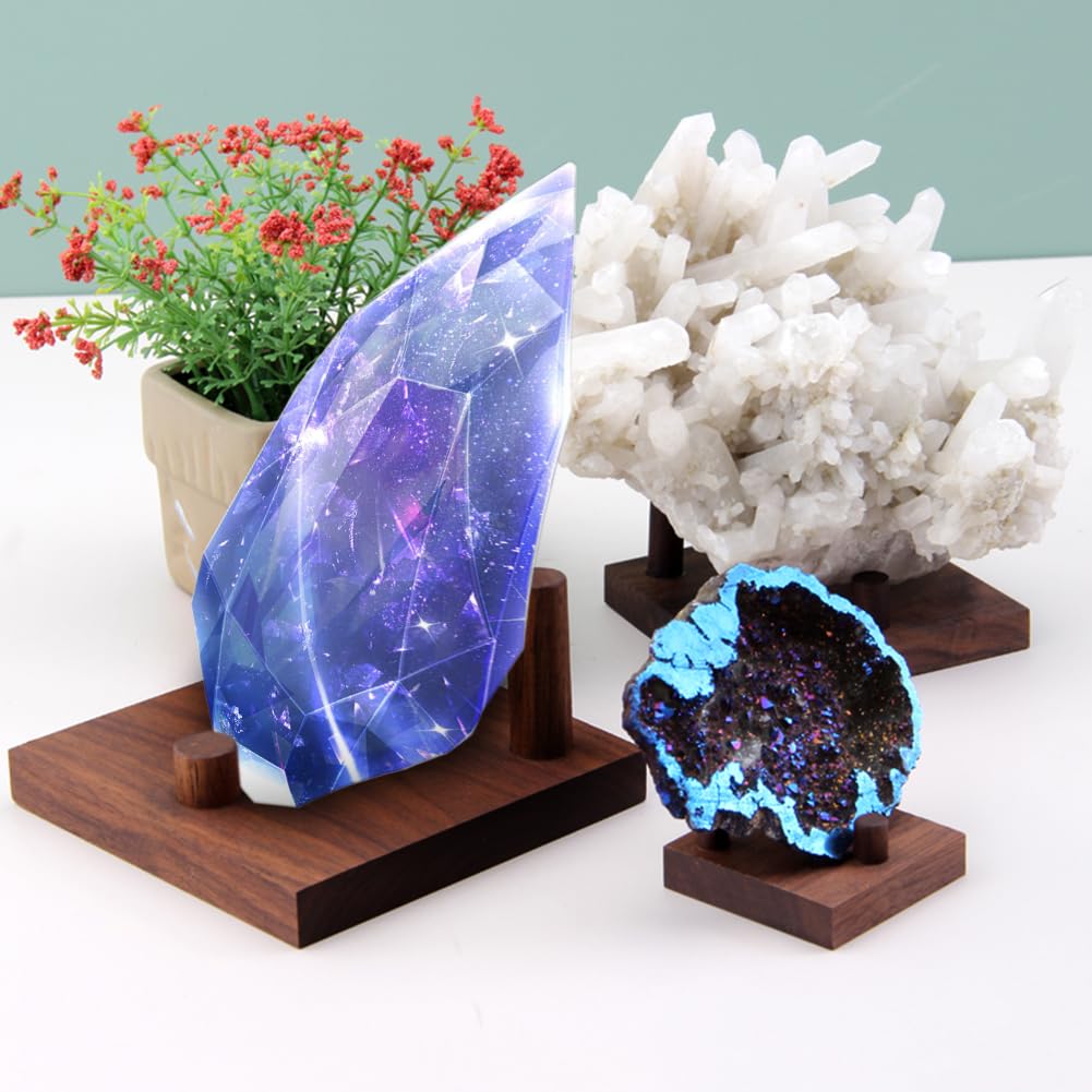WAYUTO Walnut Crystal Display Stand Rock Display Holder Three-Peg Display Easel Stands for Fossil Coral Geodes Rock Mineral Agate M