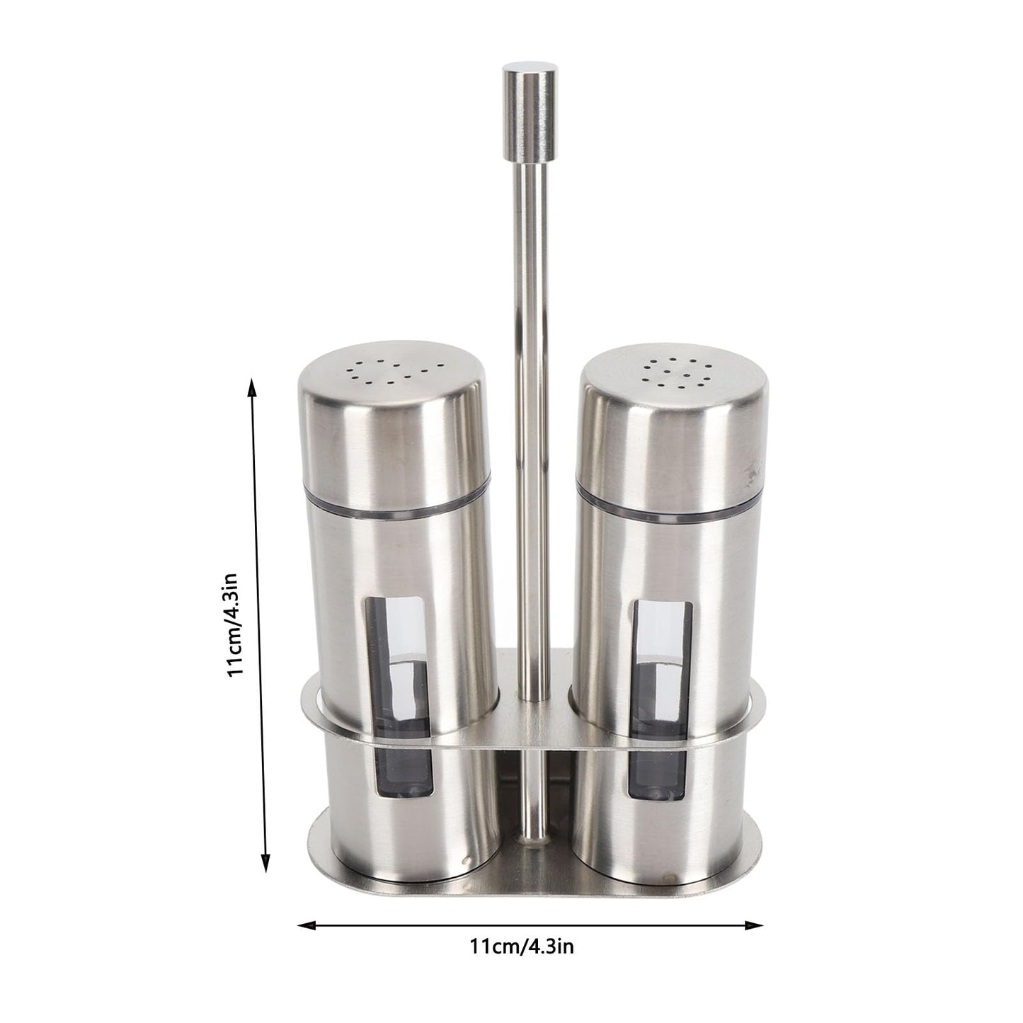 Salt and Pepper Shakers Set with Holder, Stainless Steel Spice Seasoning Bottle with Glass Window, Refillable Salt Pepper Dispenser Containers for Home Kitchen Countertop, BBQ, Bar, RV, Camp (S)