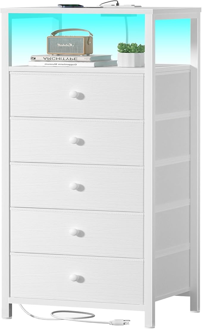 BOLUO White Dresser with 5 Drawers Tall Nightstand with Charging Station and