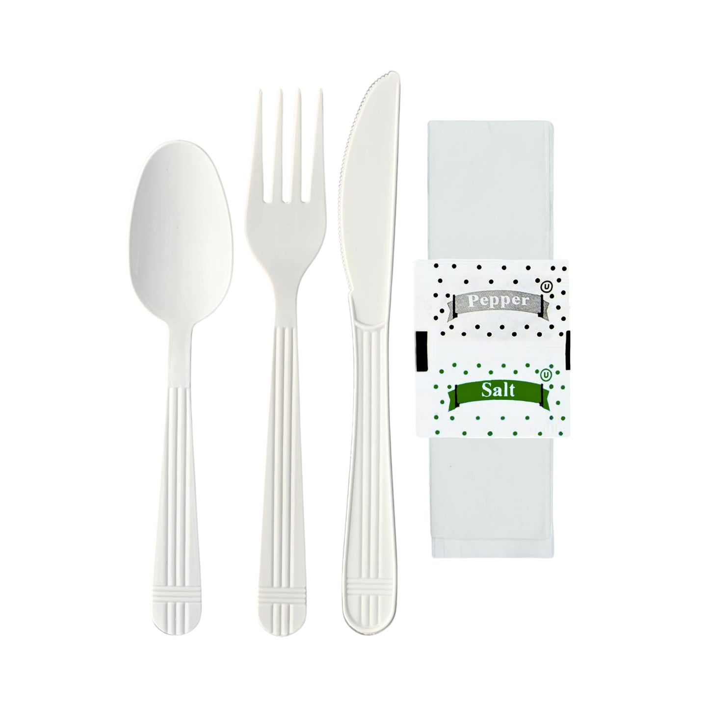 Green Direct Heavy Duty Wrapped Plastic Cutlery Set with Napkin, Fork, Spoon, Knife, Salt, Pepper, White 50 Pack Plastic Cutlery Meal Kit for On-the-Go Meals, Picnics, and Events