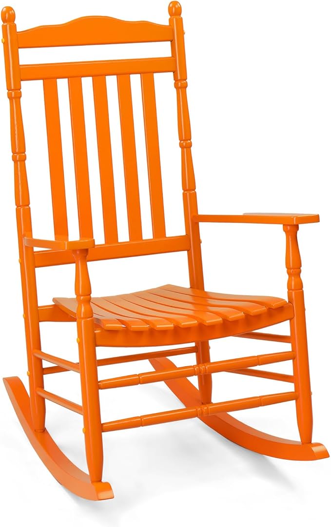 VINGLI Wooden Rocking Chair, Outdoor Chair with 450 lbs Support, Relaxing Rocker with Solid Wood High Back Seat Reclining Seat for Deck, Garden, Backyard, Porch, Indoor or Outdoor Use (Orange, 1PC)