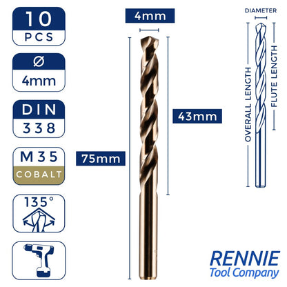 Rennie Tools - Box of 10 x 4mm HSS Gold Cobalt Jobber Drill Bit Set For Stainless Steel, Hard Metals, Aluminium, Cast Iron, Copper. Twist Drill Bit Sets Supplied In A Box. 4mm Drill Bit Set