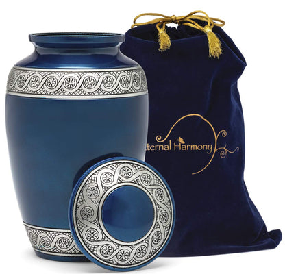 Eternal Harmony Cremation Urn for Human Ashes | Memorial Urn Carefully Handcrafted with Elegant Finishes to Honor and Remember Your Loved One | Adult Urn Large Size with Beautiful Velvet Bag (Blue)
