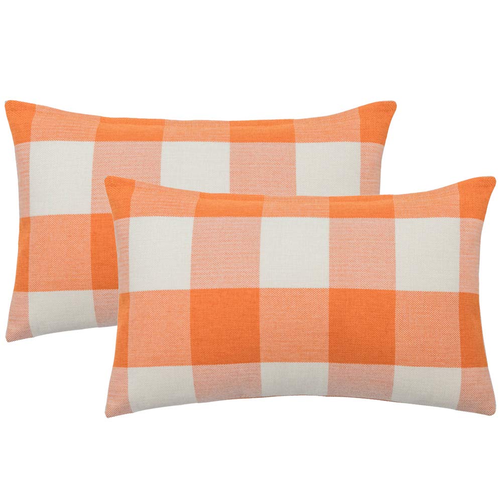 MIULEE Fall Throw Pillow Covers Pack of 2 Classic Farmhouse Buffalo Check Plaids Linen Soft Solid Orange and White Decorative Outdoor Cushion Case for Sofa Bedroom 12 x 20 Inch 30 x 50 cm