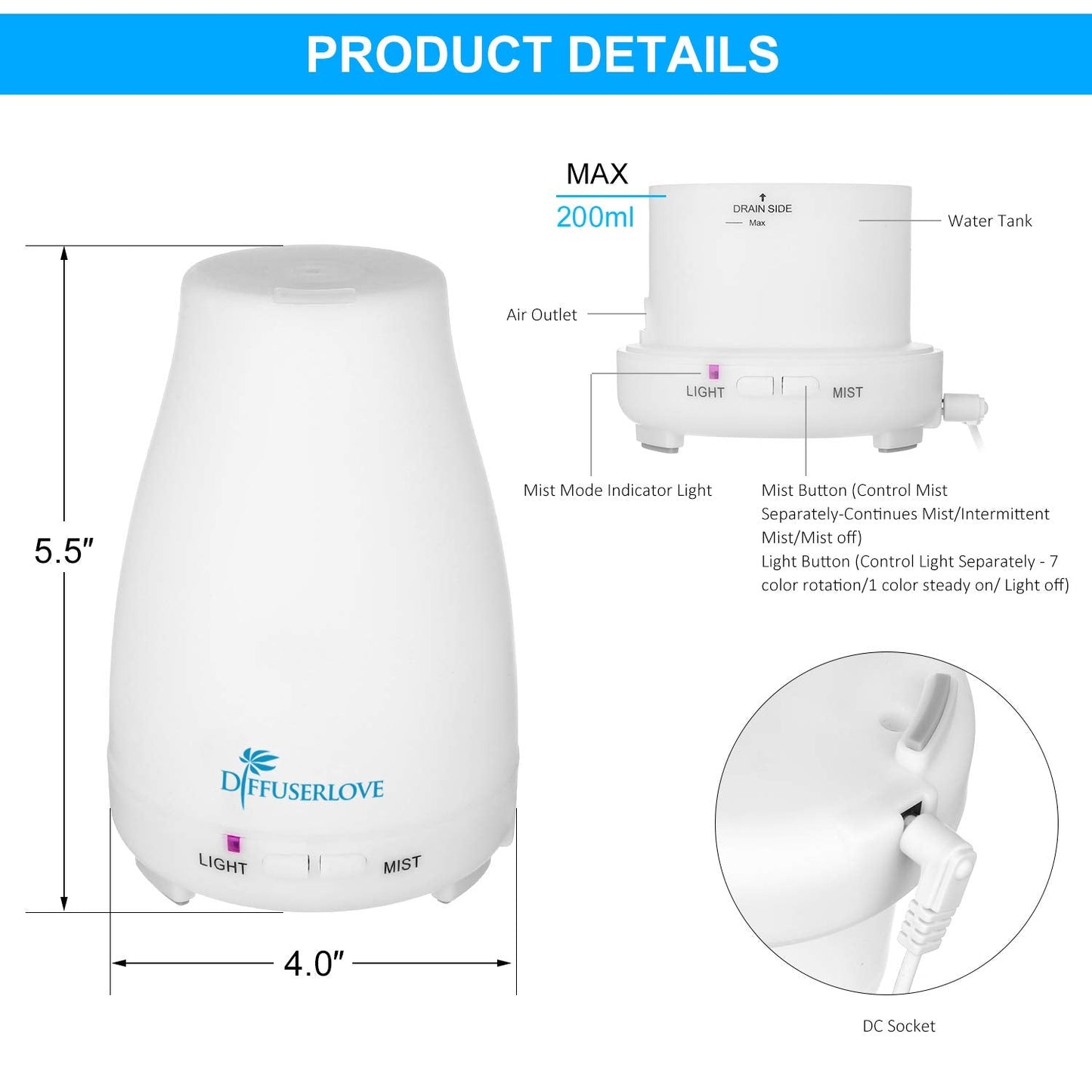 Diffuserlove Essential Oil Diffusers 200ML Remote Control Ultrasonic Mist Humidifiers BPA-Free Aromatherapy Diffuser with 7 Color Lights, Auto Shut-Off for Bedroom Office Kitchen