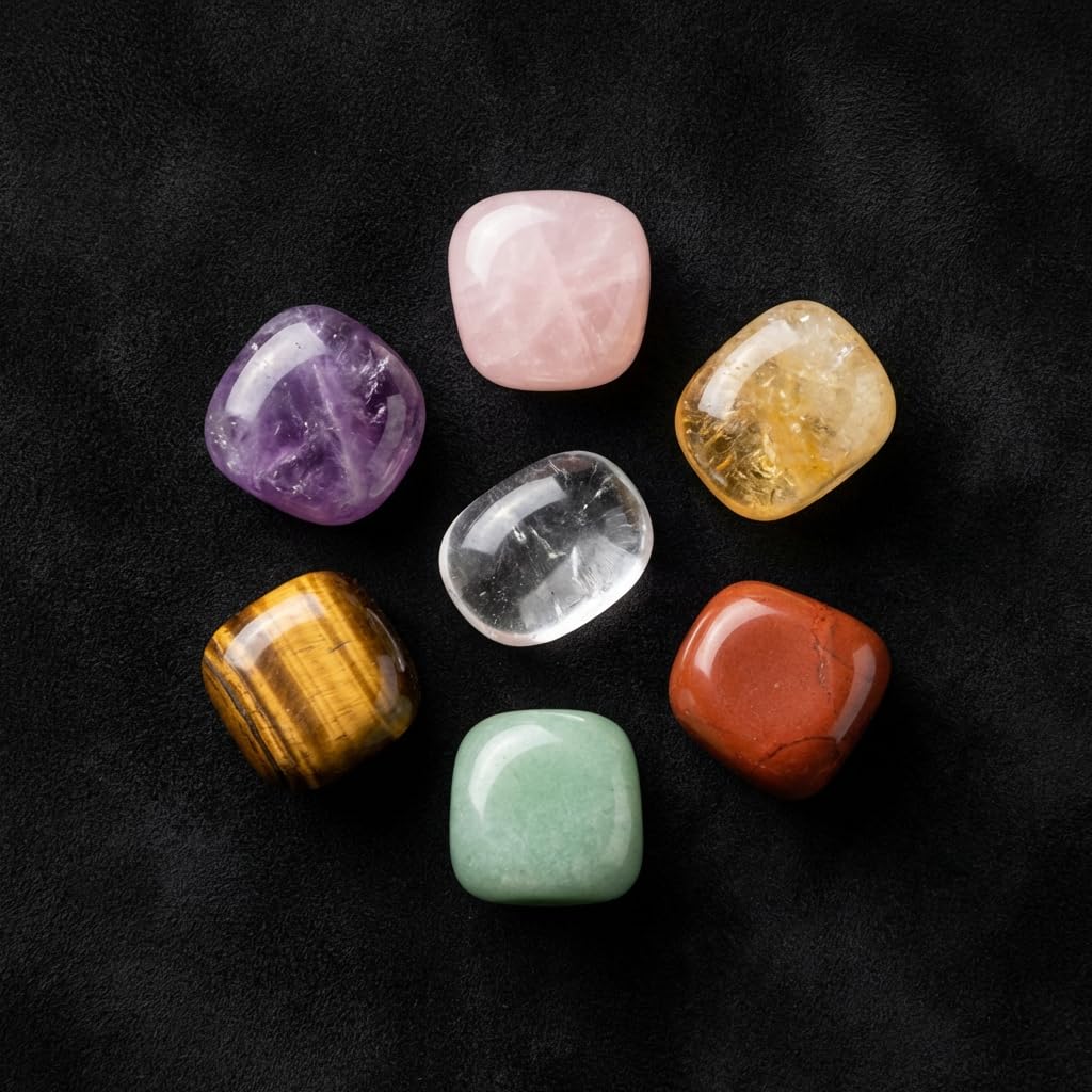 7 Chakra Crystal Stones Set – Healing Tumbled Gemstones for Meditation, Reiki & Chakra Balancing – Amethyst, Rose Quartz, Citrine, Clear Quartz, Tiger Eye, Green Aventurine & Red Jasper