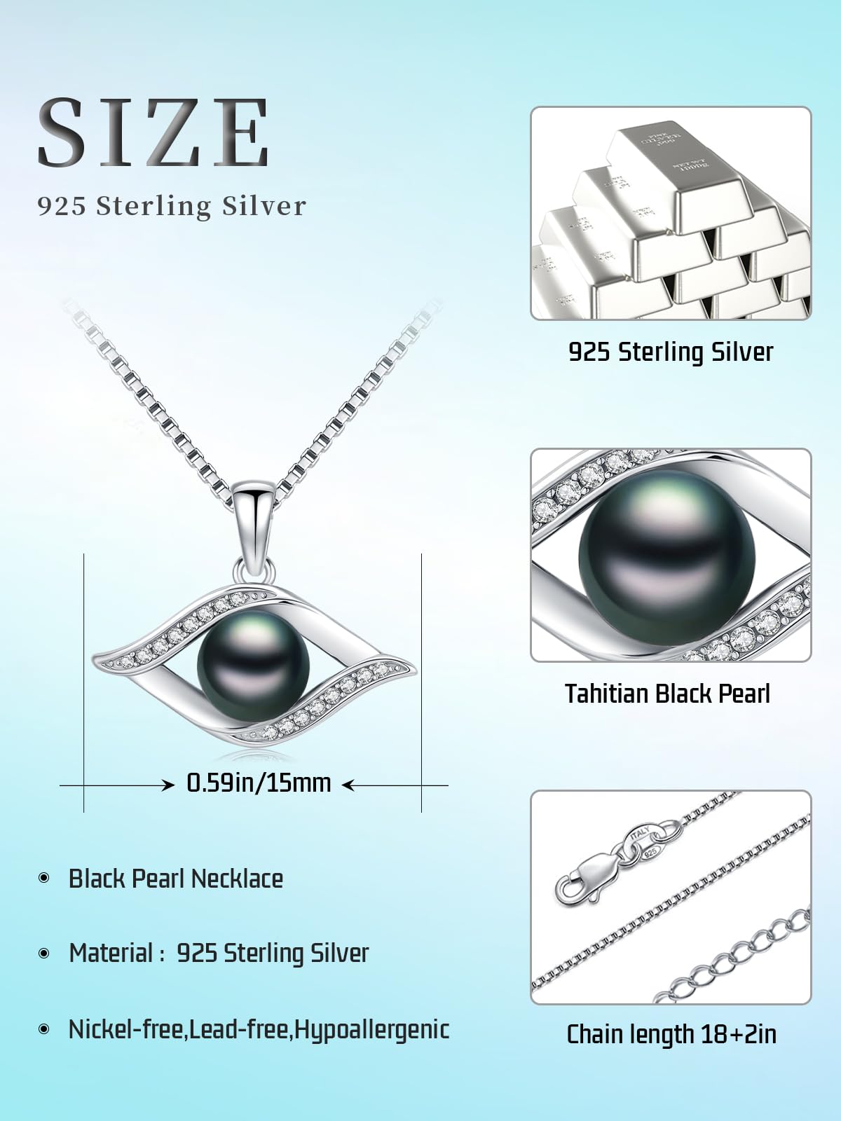 KANNSOAR Tahitian Black Pearl Necklace 18K White Gold Plated Sterling Silver Evil Eyes Pendant Black Pearl Necklace Jewelry for Women Gifts for Wedding Christmas Anniversary Birthday