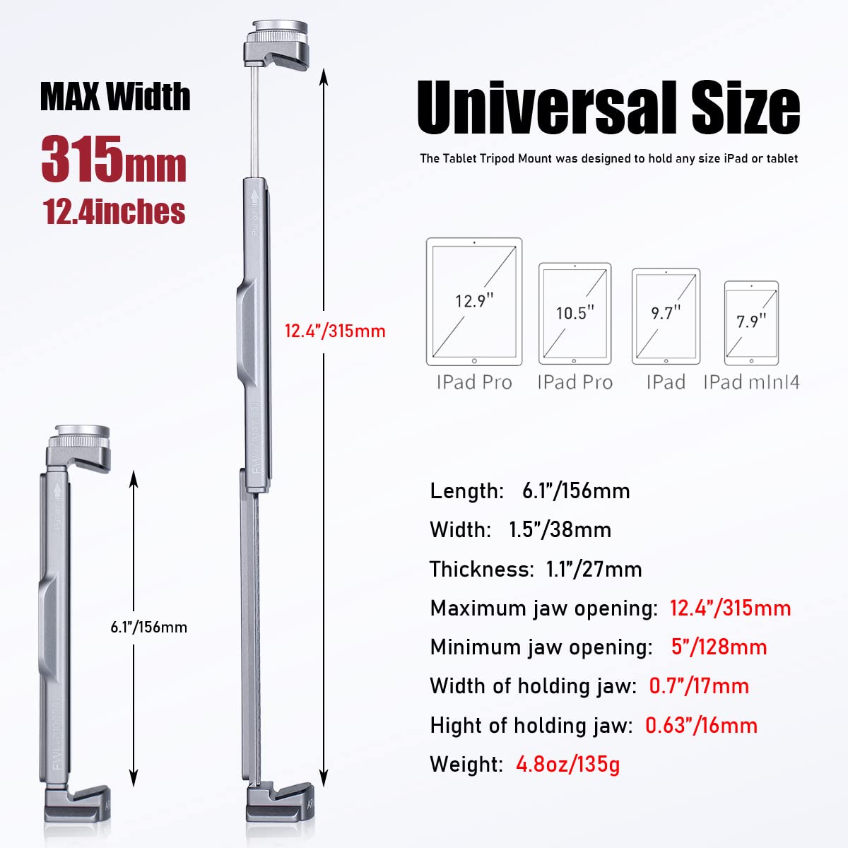 Full Metal Tablet Tripod Mount 7.9 -12.9 Inch Tablet Holder Horizontally & Vertically Position with 1 Rotatable Cold Shoe, 2 Arca Swiss Plate for iPad Video Camera Vlog Shooting Live Streaming
