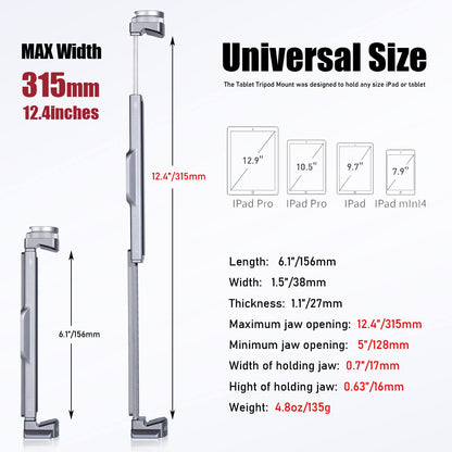 Full Metal Tablet Tripod Mount 7.9 -12.9 Inch Tablet Holder Horizontally & Vertically Position with 1 Rotatable Cold Shoe, 2 Arca Swiss Plate for iPad Video Camera Vlog Shooting Live Streaming