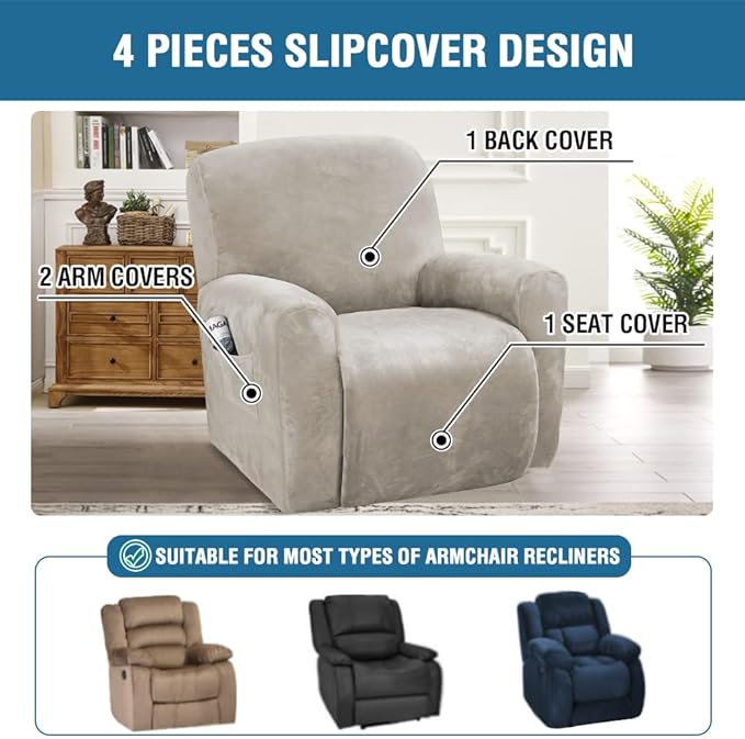 H.VERSAILTEX 4-Pieces Recliner Chair Covers Velvet Stretch Reclining Couch