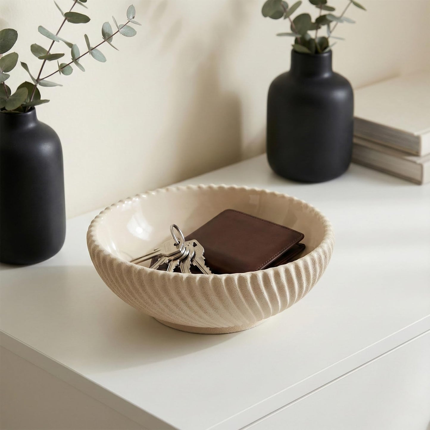 LINYTHER Large Decorative Fruit Bowl for Kitchen Counter or Table, Key Holder Bowl for Entryway Table, Bread Candy Snack Organizer, Modern Farmhouse Centerpiece Decor, Beige/Ribbed