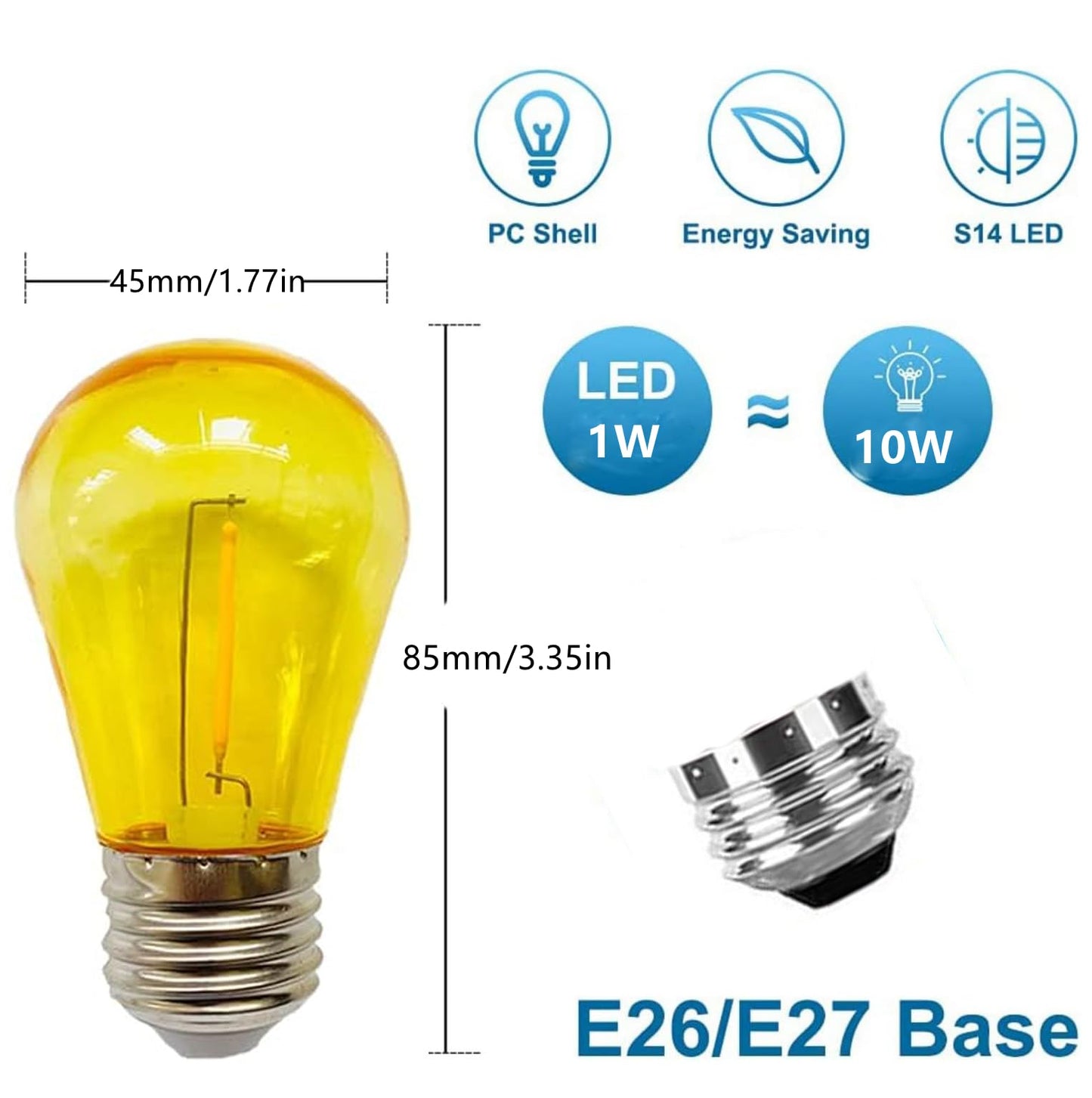 Sxminer 15 Pack S14 LED Bulbs Yellow Led String Light Bulbs 1W Plastic Shatterproof LED Replacement Bulb E26 Base Edison Decorative Bulb Outdoor String Light for Christmas Halloween Patio Party Decor