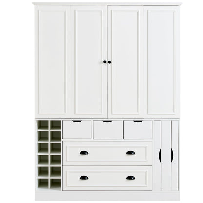 Merax Farmhouse 71" Large Kitchen Pantry Cabinet with Power Outlet, 53.2" Wide Storage Cupboard with 4 Foldable Doors, Adjustable Shelves, Wine Racks & Serving Trays, for Dining Room, White