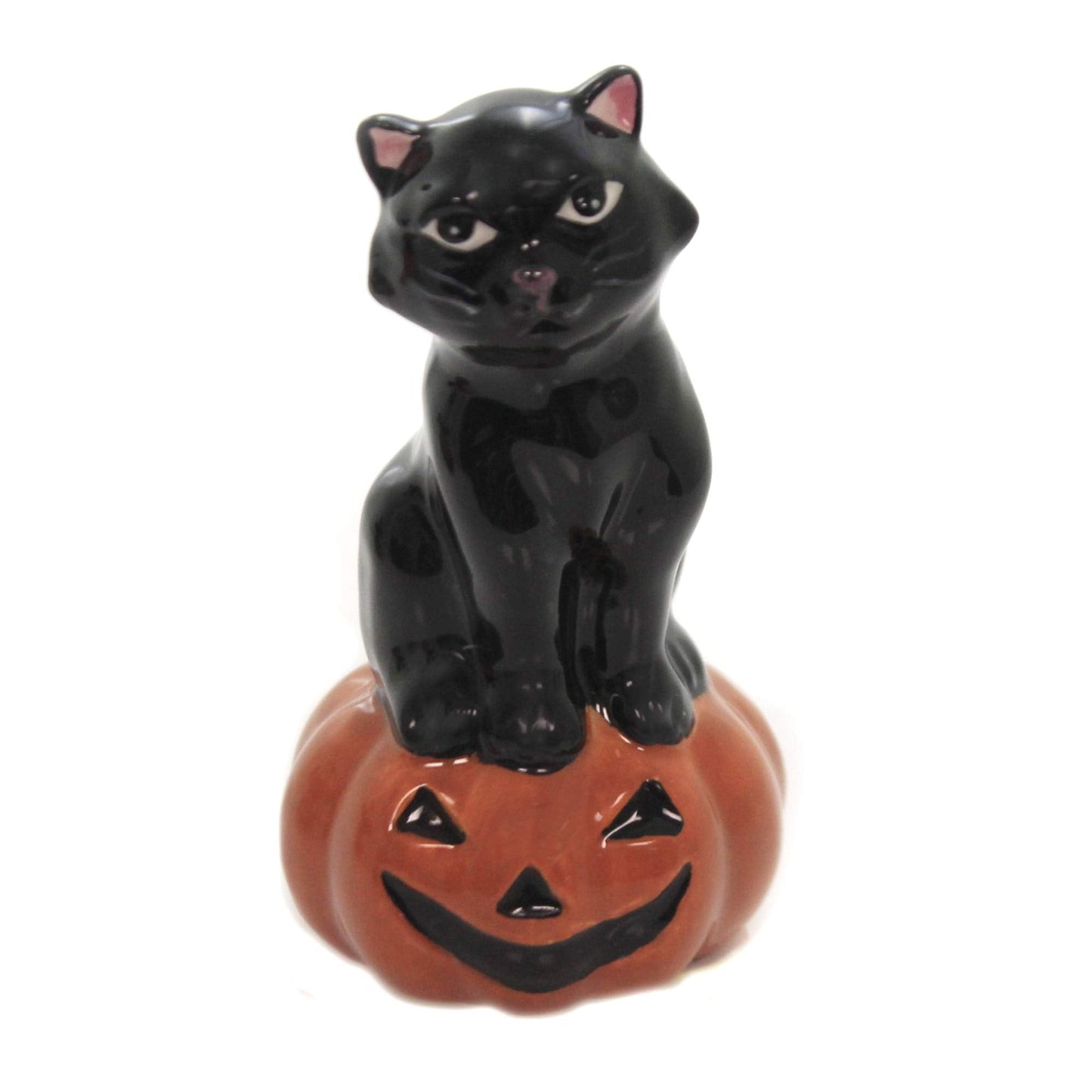 Fine Ceramic Thanksgiving Halloween Black Cat & Owl on Pumpkin Salt & Pepper Shakers Set, 3-3/4" H